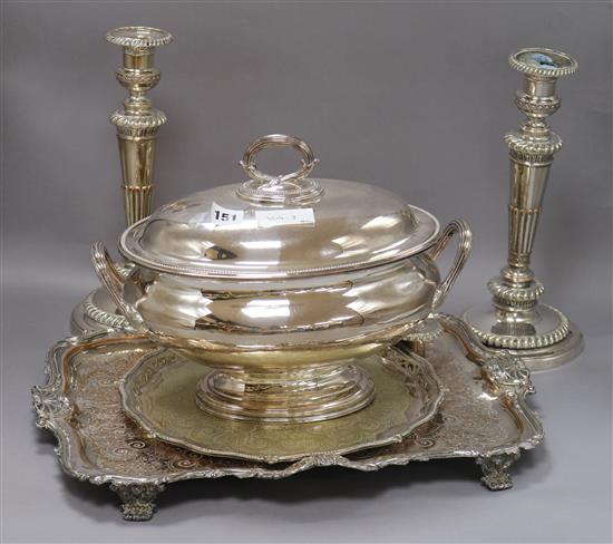 A pair of plated candlesticks, plated tray, plated soup tureen and salver tallest 32cm